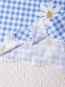 SHEIN 青少年女孩春/夏新款極簡基本清新藍色格紋雛菊印花套頭背心上衣與長褲2件套，度假休閒，舒適輕盈面料，黑色蕾絲下擺裝飾，時尚，適合夏季海灘度假 - 藍色 - 查看 5