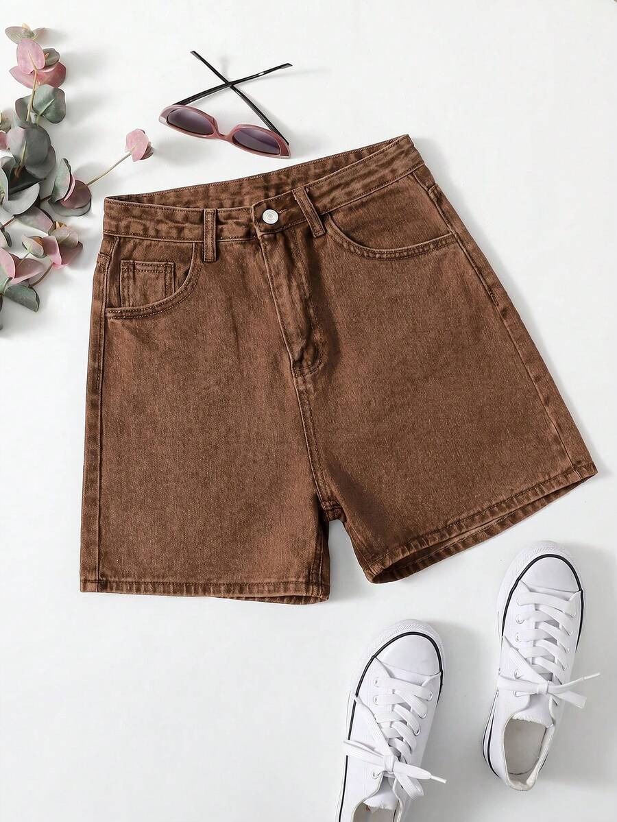 SHEIN EZwear 女款夏季休閒時尚街頭風日常通勤水洗牛仔短褲 - 棕色 - 查看 1
