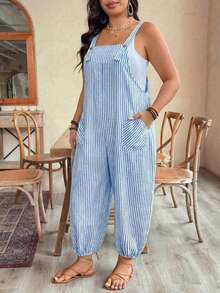 SHEIN CURVE+ Plus Size Women's Spring/Summer Elegant Fashion Commute Striped Pocket Drawstring Overall Jumpsuit - Blue and White - View 6