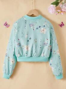 Girls Back To School Fall Floral Jacket Plant Leaf Print Short Zip Front Lightweight Layering Piece - Green - View 2