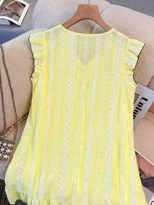 GlowEve CURVE Women's V-Neck Ruffle Sleeve Bow Decor Textured Print Comfortable Casual Sexy Summer Plus Size Dress Vacation Formal Yellow - Pale Yellow - View 3