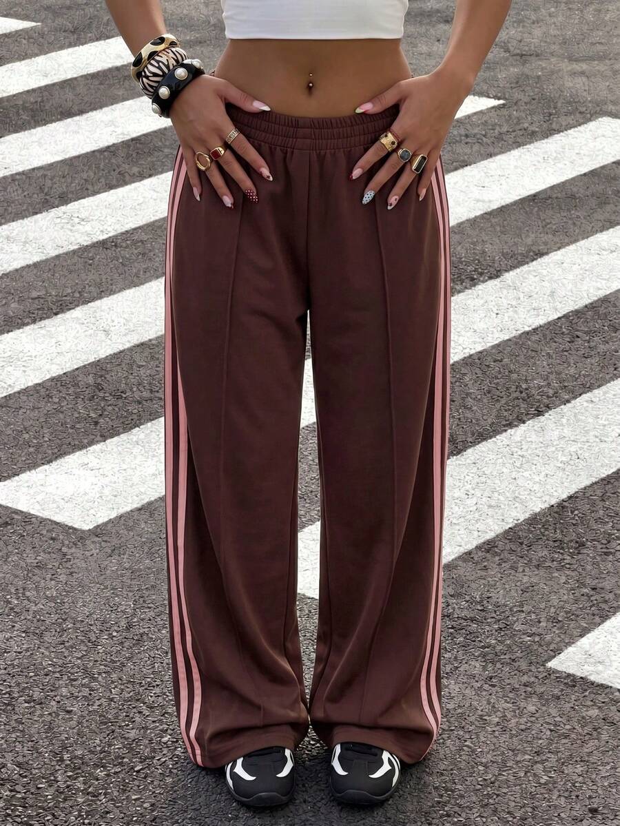 SHEIN EZwear 女士95%棉休闲撞色条纹阔腿运动裤,适合夏季、秋季、冬季穿着,棕色阔腿裤 - 棕色 - 查看 1