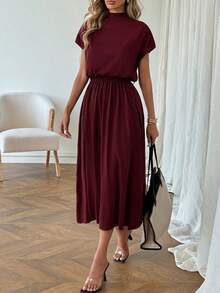 SHEIN LUNE Lässiges Damenkleid mit Stehkragen und niedriger Taille - Bordeaux - Übersicht 6