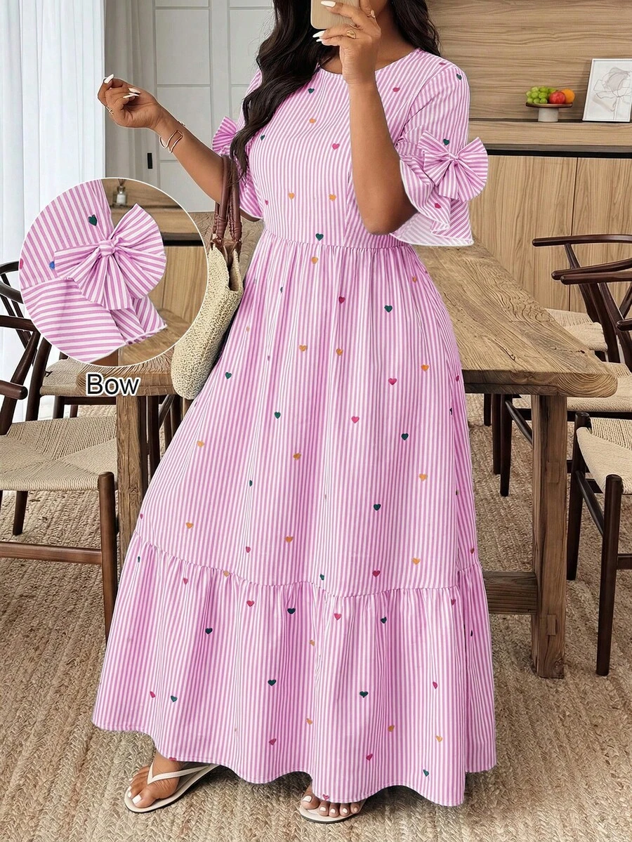 Weeklong Gaun Wanita Ukuran Besar Musim Semi/Panas Model Kue Bertingkat Leher Bulat dengan Dekorasi Pita 3D - MultiWarna - View 1