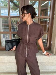 Siren Gaze Women's Linen-Blend Two-Piece Set | Short-Sleeve Utility Top & Drawstring Wide-Leg Trousers – Loose, Casual Work-To-Weekend Set - Brown - View 5