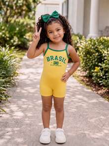少女款 BRAZIL 字母圖案對比滾邊連身褲，黃色夏季街頭風 - 彩色 - 查看 5