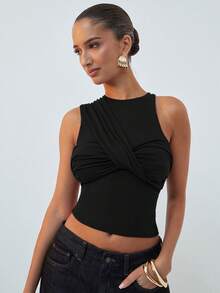 Hauture Women's Sexy Casual Solid Color One Shoulder Ruched Front Twist Top - Black - View 4