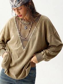 Bohemela Women's Casual Solid Color Knit Crew Neck Long Sleeve Loose Washed Sweatshirt - Brown - View 3