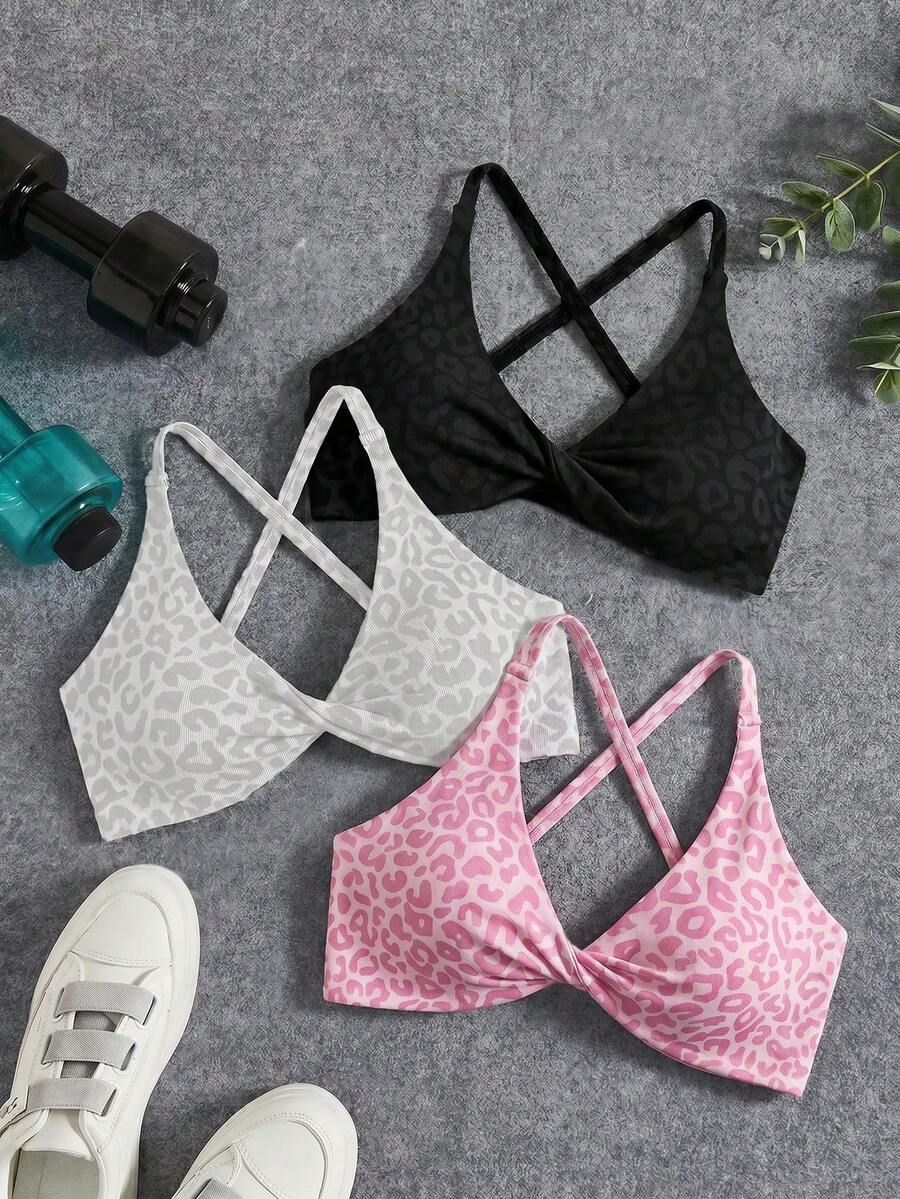 Velisys Velisys 3pcs Seamless Athleisure Yoga Sports Bra Twist Design Front Versatile For Sports And Daily Wear Gym Pink Leopard Print