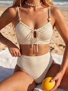 Swim Vcay Fashionable Textured Fabric Beach Holiday Style Drawstring Tie Women's Summer Swimsuit Set 2 Pieces - Apricot - View 3