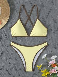 Bonvoyette Women's Summer Beach Halter Neck Sexy Fashion Bikini Two-Piece Swimsuit Set - Yellow - View 2