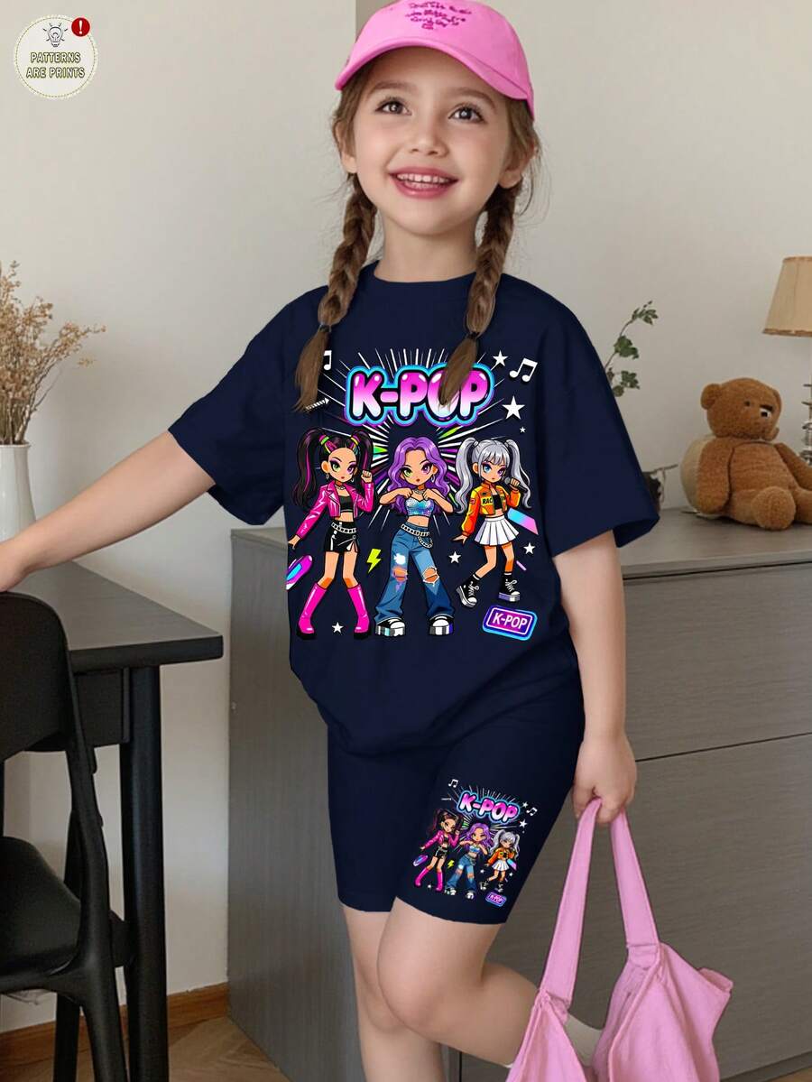 少女極簡時尚彩色K-POP女團字母星星印花短袖T恤與緊身短褲套裝 - 彩色 - 查看 1