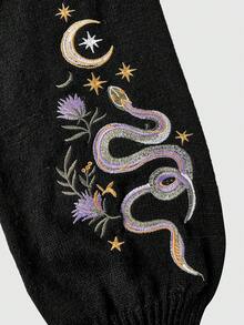 ROMWE Forest Gothic Plant Snake Embroidery Plus Size Cropped Vest Thin Cardigan - Black - View 3