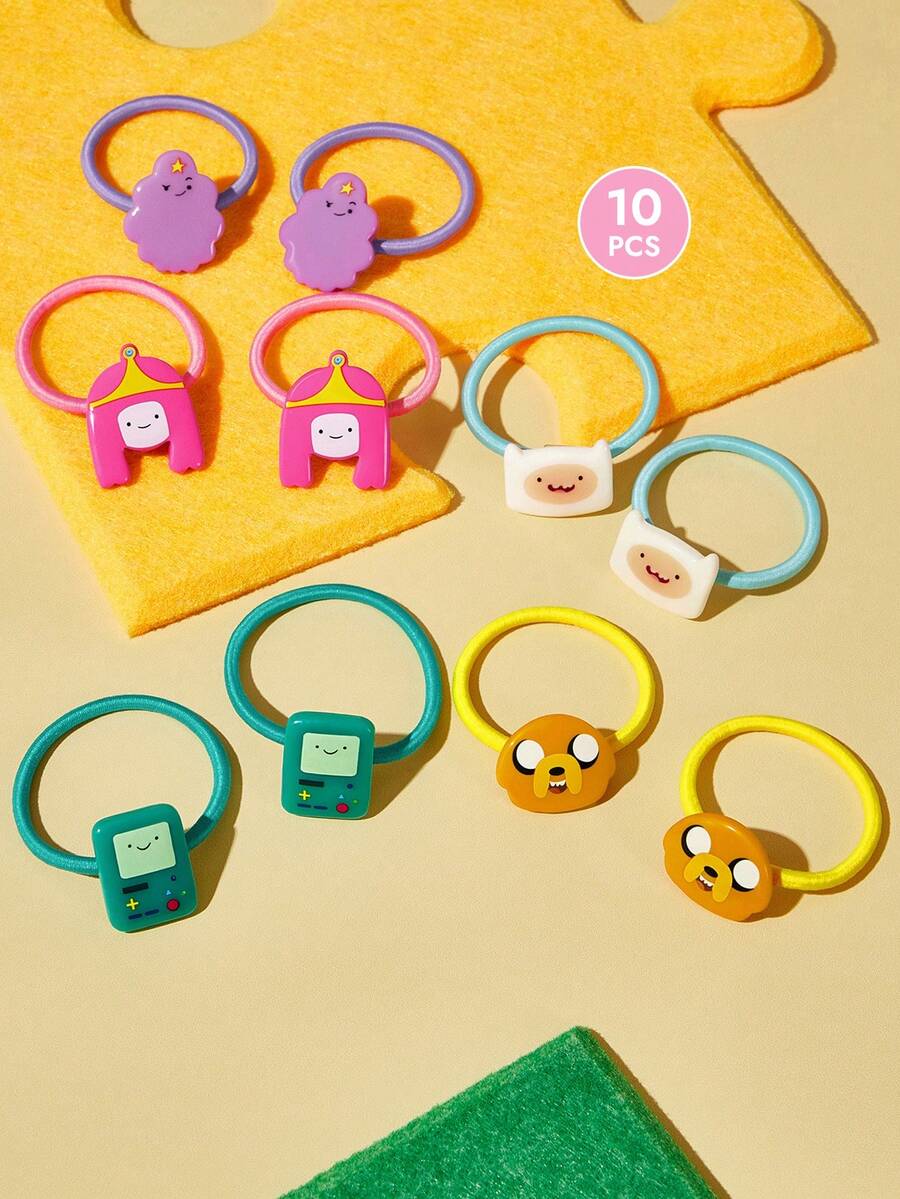 ADVENTURE TIME X SHEIN 10入組可愛卡通糖果色髮圈,女性髮繩,彈性不傷髮橡皮筋,綁髮馬尾造型,綠色、粉色、黃色、白色、紫色 - 彩色 - 查看 1