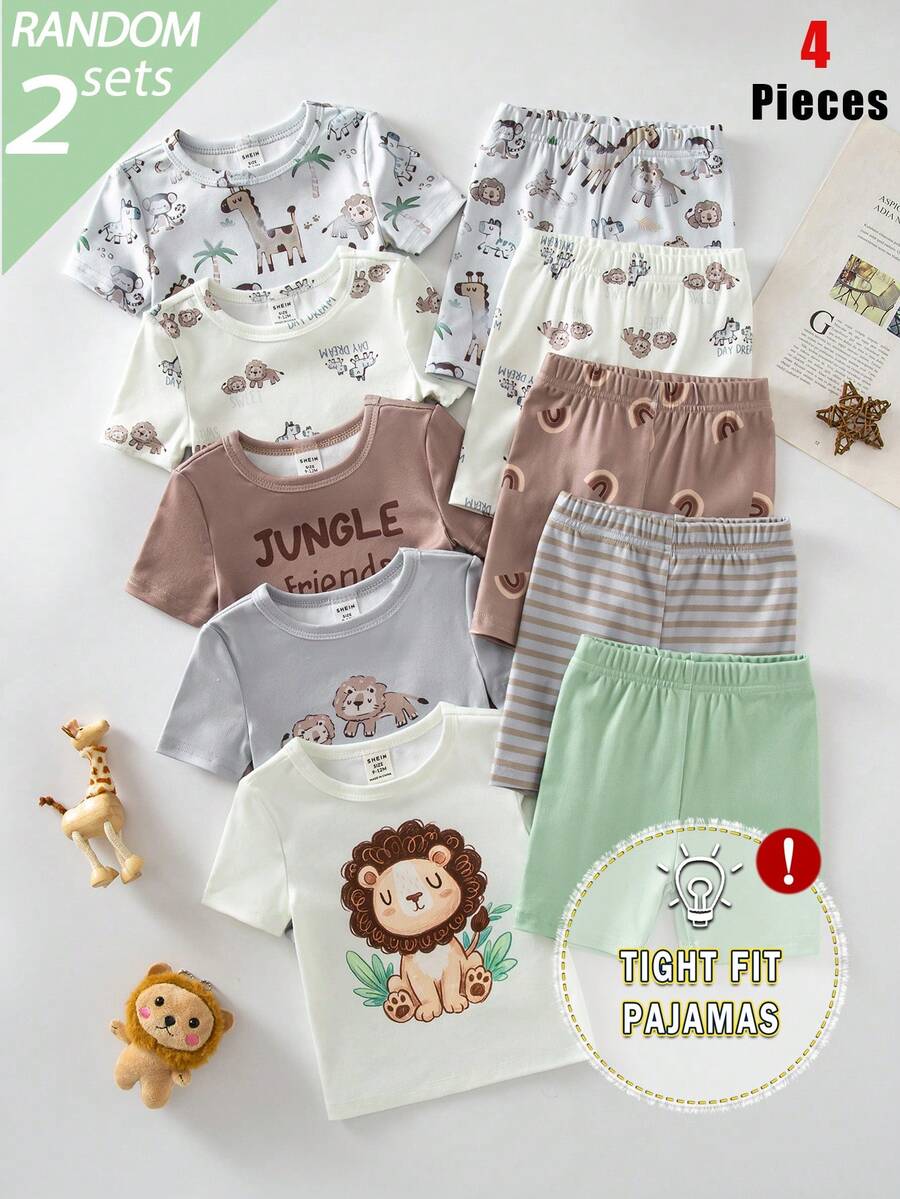 [5 Set, Dikirim Acak 2 Set] Piyama Bayi Laki-laki Musim Semi/Panas Leher Bulat Motif Singa Lucu, Zebra, Jerapah, Hewan Kebun Binatang, Desain Pola Cetak Digital Blok Warna, Terlaris, Lembut, Ramah Kulit, Ketat, Lengan Pendek, Celana Pendek, 2 Potong, Pakaian Rumah - MultiWarna - View 1