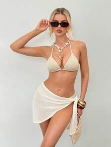 SHEIN Apricot Knit Jacquard Hollow Out Sheer Lace-Up Beach Cover-Up Skirt Women's Cover-Up Skirt High Slit Asymmetrical Skirt Summer Bikini Swimsuit Outerwear Vacation New Item - Apricot - View 1