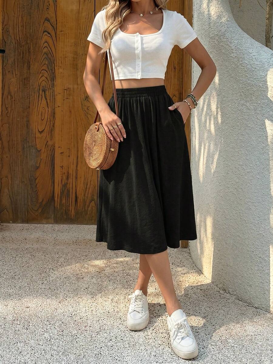 Breezaya Ladies' Fashionable Solid Color Casual A-Line Skirt - Black - View 1