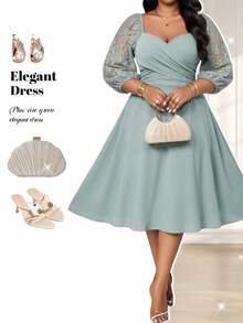 Fleurora Salbeigrün, Sommer, Elegant, Hochzeitsgast Große Größen Kleid für Frauen, Kontrastspitze Herz-Ausschnitt Laternen 3/4 Ärmel Midi Ausgestellt Büro Arbeitskleid - Kadettenblau - Übersicht 7