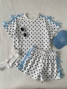 Comfortcana Damen Polka Dot Muster Schleife Dekoration Kurzarm T-Shirt und Shorts Lässig Set - Schwarz und Weiss - Übersicht 6