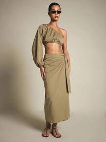 KSTM One Shoulder Long Sleeve Crop Top And Wrap Midi Skirt Two Piece Co-Ord Set Summer Vacation Brunch Khaki Sexy Elegant - Khaki - View 6