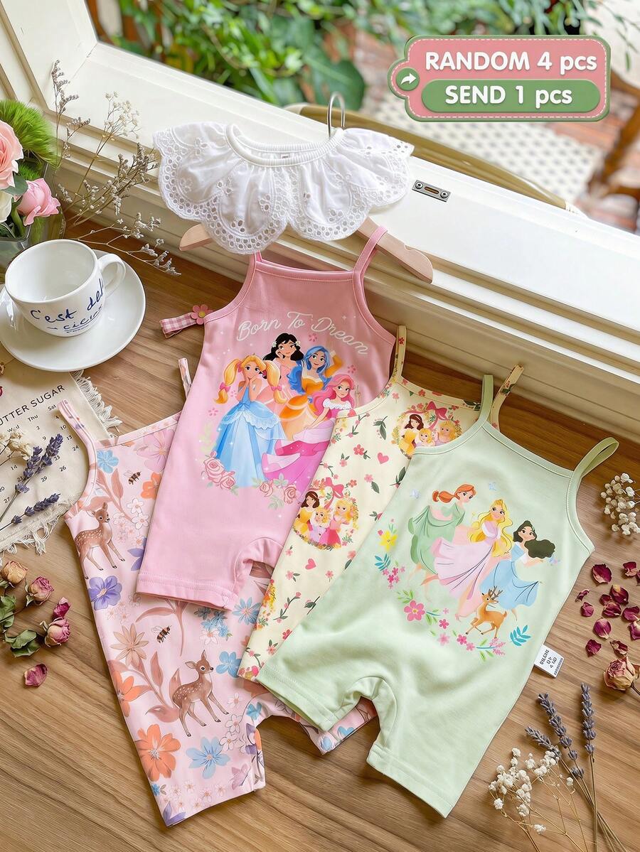 SHEIN LMoss Kids [隨機4件發1件]女嬰公主花卉印花連身短褲可愛日常穿搭 - 彩色 - 查看 1