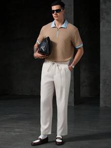 Manfinity CasualCool 男士休閒紋理拉鍊半開襟短袖對比色 Polo 衫 - 卡其色 - 查看 5