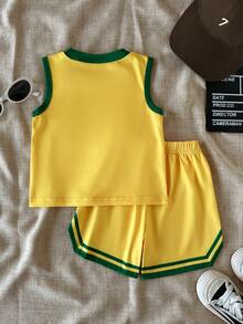 SHEIN Playful Pals 2件/組男嬰春夏季街頭風運動套裝，鳥眼布英文字母與數字數位印花圓領無袖背心搭配鬆緊腰短褲，適合男嬰時尚、戶外運動、活動、攝影、夏季穿搭 - 黃色 - 查看 2