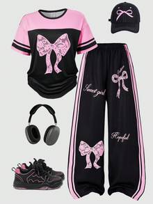SHEIN 青少年女孩休閒時尚街頭風圓領粉色拼接黑色蝴蝶結圖案落肩寬鬆短袖上衣與寬腿蝴蝶結圖案長褲2件套 春夏 - 彩色 - 查看 3
