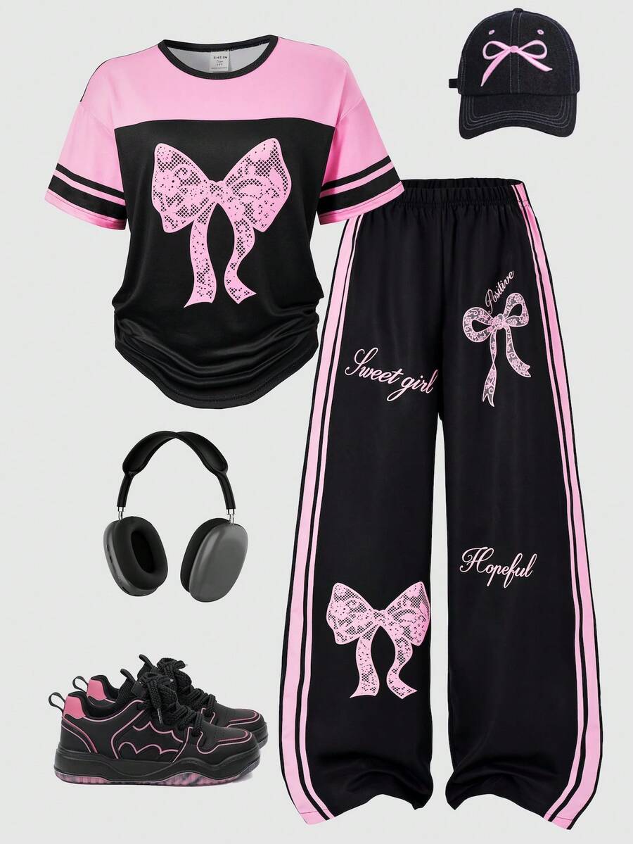 SHEIN Sparklyn 青少年女孩 2件組休閒時尚街頭風圓領粉色拼接黑色蝴蝶結圖案落肩寬鬆短袖上衣與寬腿蝴蝶結運動褲 - 彩色 - 查看 1