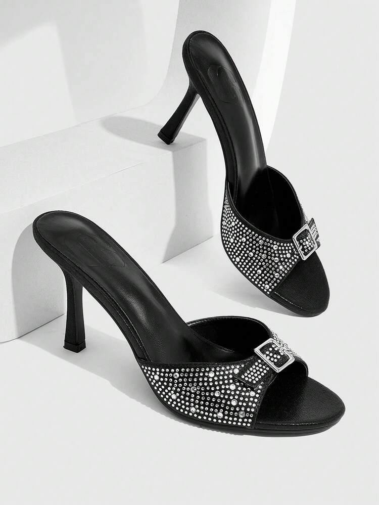 CUCCOO SZL Round Toe High Heeled Black Satin Faux Pearl Decor Ankle Strap Women's High Heel Sandals Spring Shoes Spring Break Easter Prom Heels