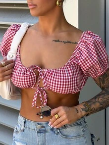 SAYEHFBABY Red & White Plaid Off-Shoulder Tie-Front Cropped Short Sleeve Top, Sexy For Commute & Vacation, Spring/Summer/Autumn - Red and White - View 3
