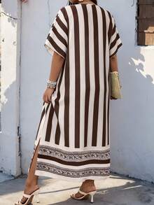 EMERY ROSE Plus Size Women's V-Neck Striped Colorblock Casual Party Dress - Brown - View 2