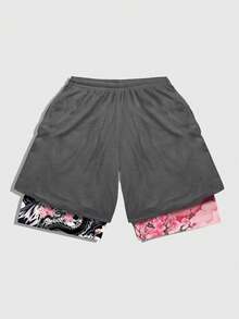 ROMWE MEN Anime Men's Japanese Manga Cherry Blossom Print Faux Two-Piece Shorts - Multicolor - View 2