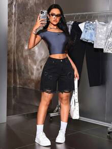 SHEIN ICON 夏季休閒破洞牛仔短褲 - 黑色 - 查看 7