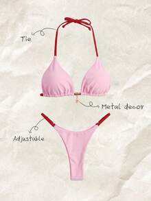 Elavelle Springbreak Women's Beachwear Summer Outfits, Solid Color Spaghetti Strap Sexy Bikini Set - Multicolor - View 2