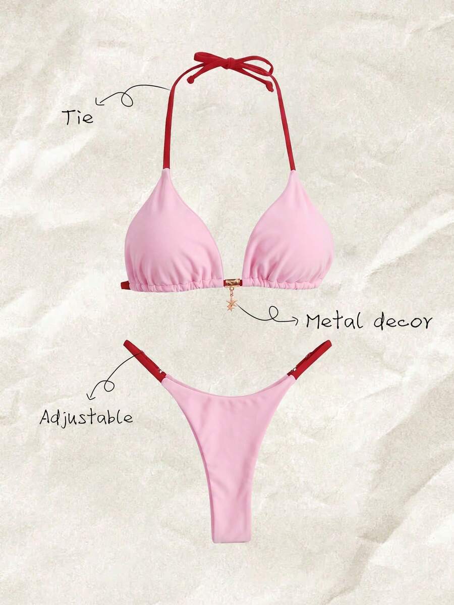 Elavelle Springbreak Women's Beachwear Summer Outfits, Solid Color Spaghetti Strap Sexy Bikini Set