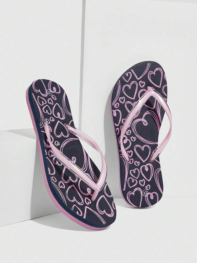 Woman Shoes Heart Pattern Flip Flops, Fashion Beach Flip Flops For Summer Vacation Shoes Summer Back To School Shoes College Student Shoes Spring Shoes Spring Break Easter For Casual Beach Style For Christmas Beach Shoes Summer Shoes