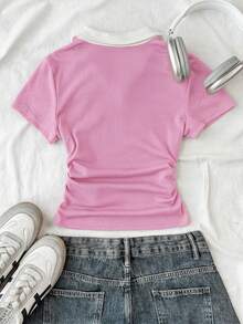 SHEIN Tween Girl Tween Girls Rose Red And White Collar Knit Casual Colorblock Patchwork Fitted Waist T-Shirt Top With Small Logo Embroidery - Hot Pink - View 2