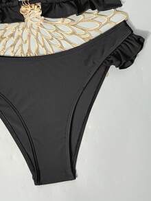 Bonvoyette 2026 Spring/Summer Triangle Cup Black Fabric Drawstring Ruched Hem Design Gold Starfish Shell Conch Pendant 3-Piece Set Sexy High Cut Bikini For Women, Suitable For Beach, Seaside, Pool - Black - View 5
