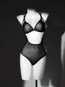 Seduluxe Set de 2 piezas de lencería sexy de malla inalámbrica para mujer - Negro - Ver 5