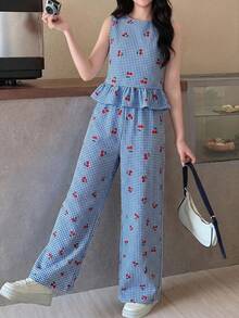 SHEIN 少女蓝白条纹无袖上衣，配木质纽扣和直筒裤，休闲度假套装，适合春夏假期、派对、优雅场合、返校季、户外家庭野餐、日常穿着。 - 藍白色 - 查看 5