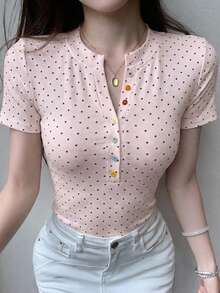 DAZY Summer  Polka Dot All-Over Print Pink Polka Dot Top With Button Decor Casual  Streetwear Sports  Slim Fit Short Sleeve Women's T-Shirt Dates - Baby Pink - View 3