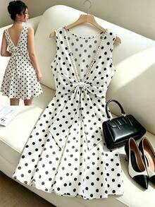 SHEIN LUNE Women's Bead Decor White With Black Polka Dots Bow Tie Strap Dress Brunch Party Summer Elegant - White - View 3