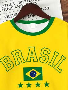 SHEIN [1件]青少年男孩巴西風黃綠配色 BRASIL 印花短袖T恤，休閒運動風，適合夏季/春秋 - 彩色 - 查看 7
