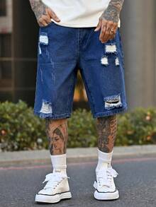 Devon Thys Men's Casual Ripped Straight Leg Blue Denim Shorts, Street Fashion For Spring/Summer - Dark Wash - View 2