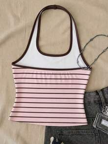 Tween Girls Striped Pattern Long Casual Halter Top, Slim Fit Tank Top Suitable For Summer - Multicolor - View 2
