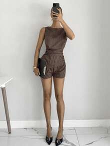 Siren Gaze Women's Vertical Striped Pattern Sleeveless Top And Shorts 2 Pieces Set Vacation Brown Striped Summer Smart Casual - Coffee Brown - View 3