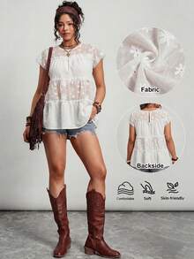 Freevana Plus Size Casual Solid Color Floral Embroidery Patchwork Shirt - White - View 3