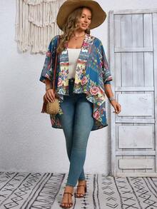 EMERY ROSE Plus-Size Vacation Casual Retro-Style Printed Cardigan, Summer And Early Autumn Sun Protection Lightweight Jacket, Retro And Fashionable Fall - Multicolor - View 4