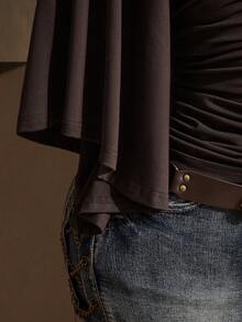 SHEIN ICON 大尺碼女款素色百褶露肩休閒百搭日常外出上衣 - 棕色 - 查看 6